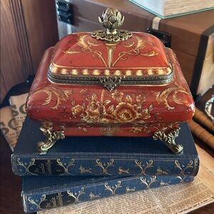 Vintage Porcelain and Brass Jewelry Casket with Hinged Lid